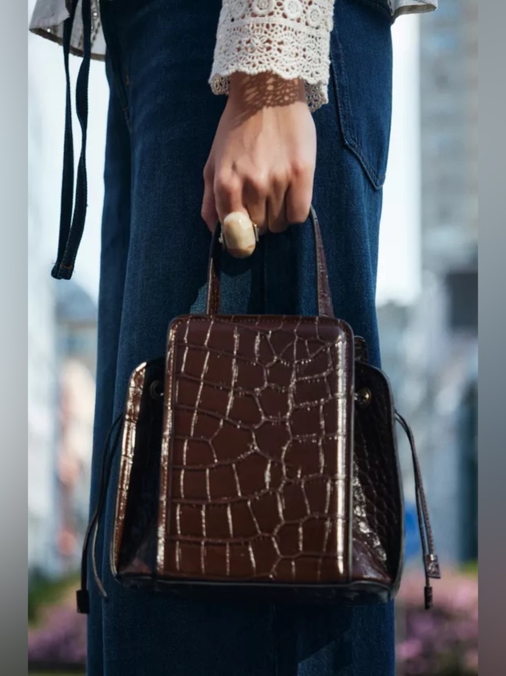 Zara Textured Mini Bucket Bag in chocolate brown croc-effect faux leather